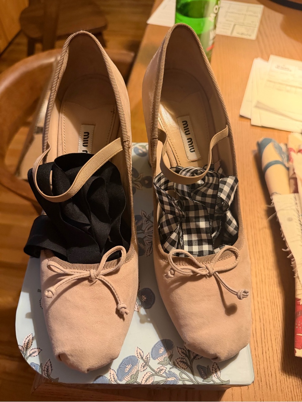 Miu Miu ribbon wrap Suede Mary Jane Pumps Nude Blush Block Heel Ballet size 3
